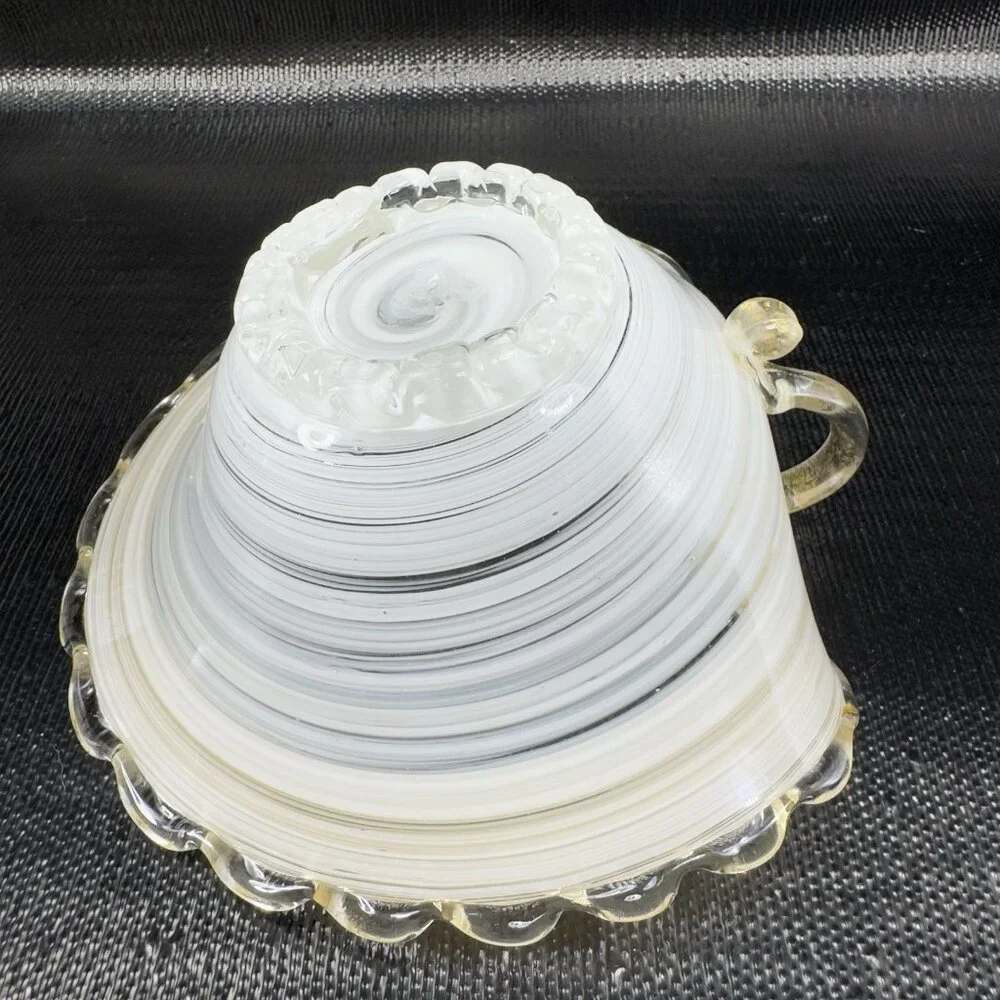 Venetian Art Glass Dish Bowl W Handles Hand Blown Italian Glass Gold White Swirl
